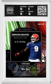 Gervon Dexter from the 2023 Wild Card Wildchrome Draft set featuring a Gold Donut Circles parallel graded by Arena Club and given an overall grade of 9.5.