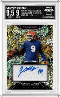 Gervon Dexter from the 2023 Wild Card Wildchrome Draft set featuring a Gold Donut Circles parallel graded by Arena Club and given an overall grade of 9.5.