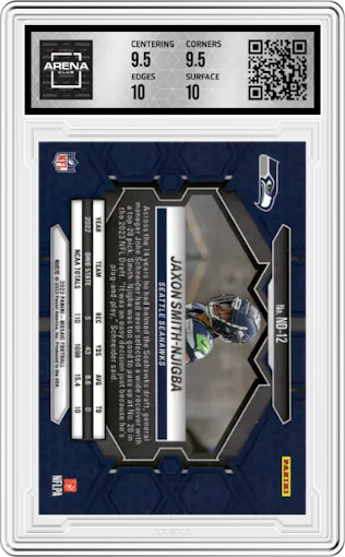 Jaxon Smith-Njigba from the 2023 Panini Mosaic set graded by Arena Club and given an overall grade of 10.