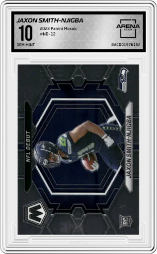 Jaxon Smith-Njigba from the 2023 Panini Mosaic set graded by Arena Club and given an overall grade of 10.