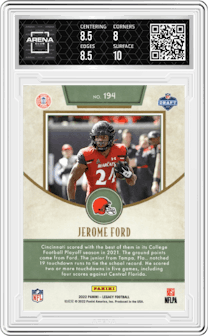 Jerome Ford from the 2022 Panini Legacy set graded by Arena Club and given an overall grade of 8.5.
