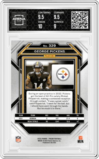 George Pickens from the 2022 Panini Prizm set graded by Arena Club and given an overall grade of 9.5.