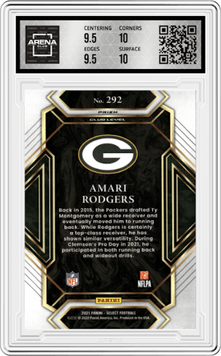 Amari Rodgers from the 2021 Panini Select set featuring a Silver Prizm parallel graded by Arena Club and given an overall grade of 10.