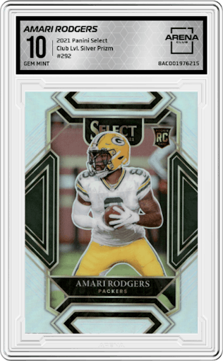 Amari Rodgers from the 2021 Panini Select set featuring a Silver Prizm parallel graded by Arena Club and given an overall grade of 10.