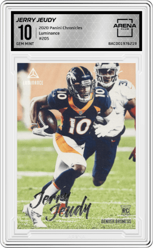 Jerry Jeudy from the 2020 Panini Chronicles set graded by Arena Club and given an overall grade of 10.