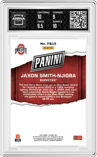 Jaxon Smith-Njigba from the 2023 Panini Father's Day set graded by Arena Club and given an overall grade of 9.5.