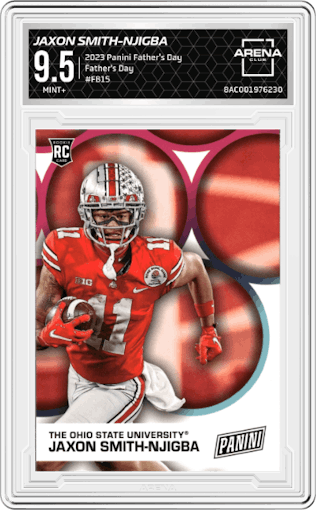 Jaxon Smith-Njigba from the 2023 Panini Father's Day set graded by Arena Club and given an overall grade of 9.5.