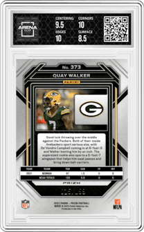 Quay Walker from the 2022 Panini Prizm set featuring a Blue Wave parallel graded by Arena Club and given an overall grade of 9.