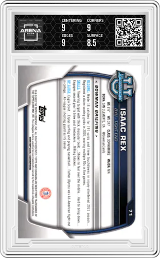 Isaac Rex from the 2022 Bowman University Chrome set graded by Arena Club and given an overall grade of 9.