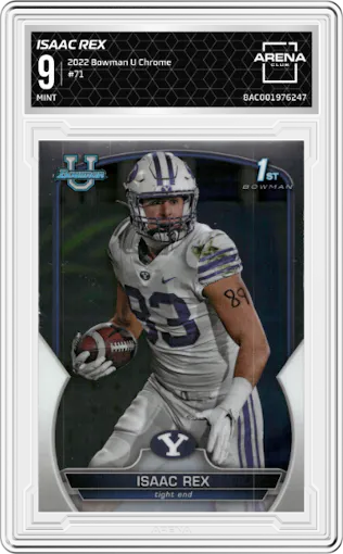 Isaac Rex from the 2022 Bowman University Chrome set graded by Arena Club and given an overall grade of 9.