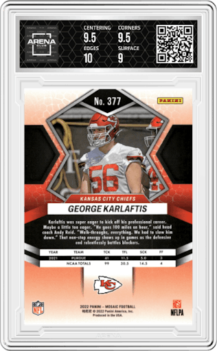 George Karlaftis from the 2022 Panini Mosaic set graded by Arena Club and given an overall grade of 9.5.