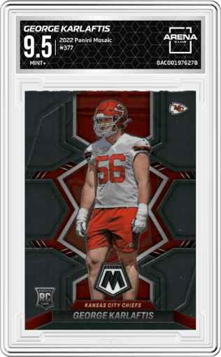 George Karlaftis from the 2022 Panini Mosaic set graded by Arena Club and given an overall grade of 9.5.