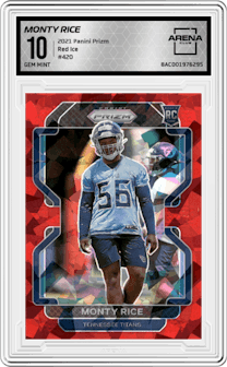 Monty Rice from the 2021 Panini Prizm set featuring a Red Ice parallel graded by Arena Club and given an overall grade of 10.