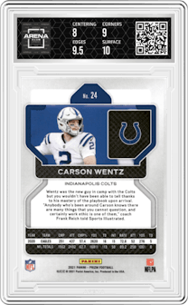 Carson Wentz from the 2021 Panini Prizm set graded by Arena Club and given an overall grade of 8.5.