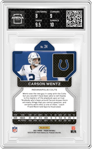 Carson Wentz from the 2021 Panini Prizm set graded by Arena Club and given an overall grade of 8.5.
