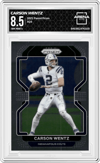 Carson Wentz from the 2021 Panini Prizm set graded by Arena Club and given an overall grade of 8.5.