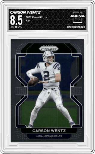 Carson Wentz from the 2021 Panini Prizm set graded by Arena Club and given an overall grade of 8.5.