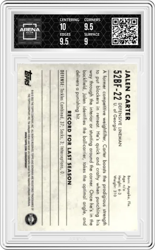 Jalen Carter from the 2022 Bowman University Chrome set graded by Arena Club and given an overall grade of 9.5.