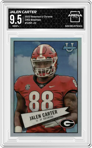 Jalen Carter from the 2022 Bowman University Chrome set graded by Arena Club and given an overall grade of 9.5.