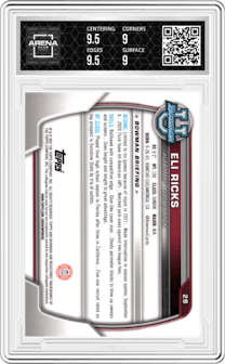 Eli Ricks from the 2022 Bowman University Chrome set graded by Arena Club and given an overall grade of 9.5.
