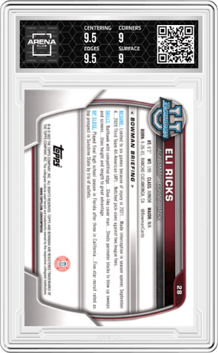 Eli Ricks from the 2022 Bowman University Chrome set graded by Arena Club and given an overall grade of 9.5.