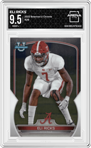 Eli Ricks from the 2022 Bowman University Chrome set graded by Arena Club and given an overall grade of 9.5.