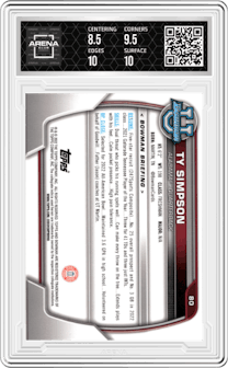 Ty Simpson from the 2022 Bowman University Chrome set graded by Arena Club and given an overall grade of 9.
