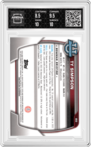 Ty Simpson from the 2022 Bowman University Chrome set graded by Arena Club and given an overall grade of 9.