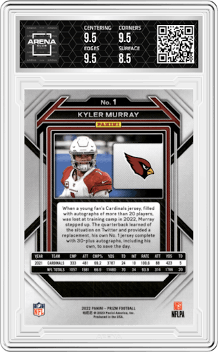 Kyler Murray from the 2022 Panini Prizm set graded by Arena Club and given an overall grade of 9.