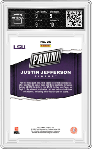 Justin Jefferson from the 2023 Panini Father's Day set graded by Arena Club and given an overall grade of 9.5.