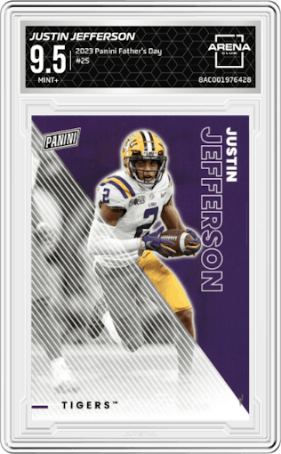 Justin Jefferson from the 2023 Panini Father's Day set graded by Arena Club and given an overall grade of 9.5.