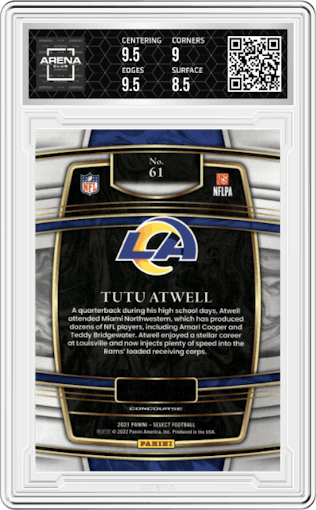 Tutu Atwell from the 2021 Panini Select set graded by Arena Club and given an overall grade of 9.