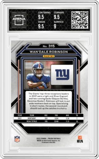Wan'Dale Robinson from the 2022 Panini Prizm set graded by Arena Club and given an overall grade of 9.5.