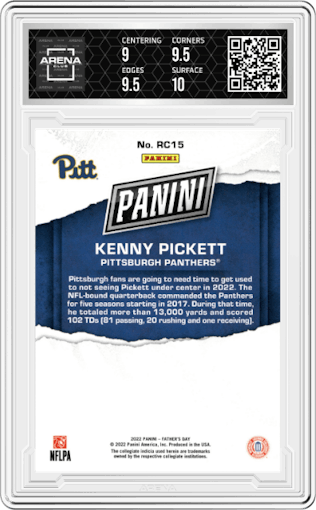 Kenny Pickett from the 2022 Panini Father’s Day set graded by Arena Club and given an overall grade of 9.5.