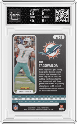 Tua Tagovailoa  from the 2022 Panini Absolute set featuring a Spectrum parallel graded by Arena Club and given an overall grade of 9.5.