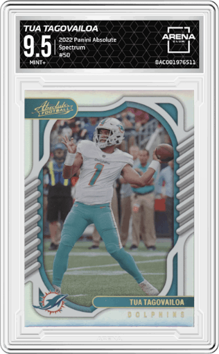 Tua Tagovailoa  from the 2022 Panini Absolute set featuring a Spectrum parallel graded by Arena Club and given an overall grade of 9.5.
