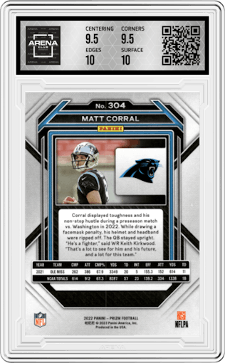 Matt Corral from the 2022 Panini Prizm set graded by Arena Club and given an overall grade of 10.