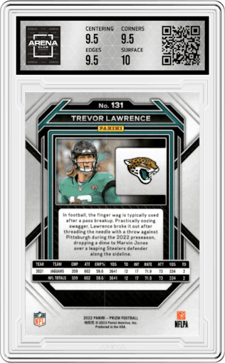 Trevor Lawrence  from the 2022 Panini Prizm set graded by Arena Club and given an overall grade of 10.