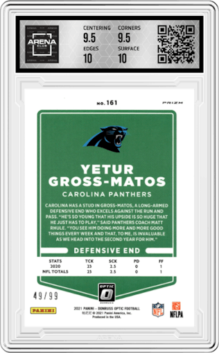 Yetur Gross-Matos from the 2021 Panini Donruss Optic set featuring a Red parallel graded by Arena Club and given an overall grade of 10.