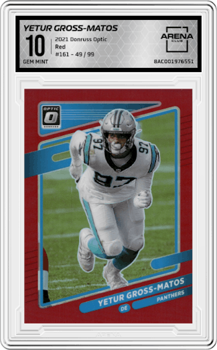 Yetur Gross-Matos from the 2021 Panini Donruss Optic set featuring a Red parallel graded by Arena Club and given an overall grade of 10.