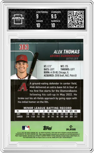 Alek Thomas from the 2022 Stadium Club Chrome set featuring a X-Fractor parallel graded by Arena Club and given an overall grade of 9.5.