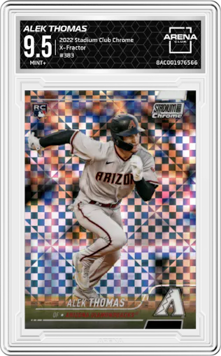 Alek Thomas from the 2022 Stadium Club Chrome set featuring a X-Fractor parallel graded by Arena Club and given an overall grade of 9.5.