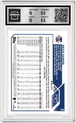 Bryce Harper from the 2023 Topps Series 2 set featuring a Silver Foil parallel graded by Arena Club and given an overall grade of 10.