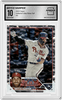 Bryce Harper from the 2023 Topps Series 2 set featuring a Silver Foil parallel graded by Arena Club and given an overall grade of 10.
