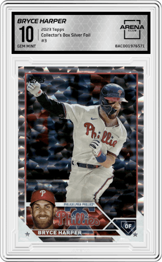 Bryce Harper from the 2023 Topps Series 2 set featuring a Silver Foil parallel graded by Arena Club and given an overall grade of 10.