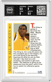 Shaquille O'Neal from the 1992-93 NBA Hoops set graded by Arena Club and given an overall grade of 9.5.