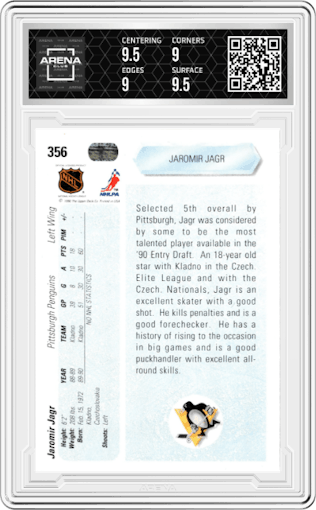 Jaromir Jagr from the 1990-91 Upper Deck set graded by Arena Club and given an overall grade of 9.5.