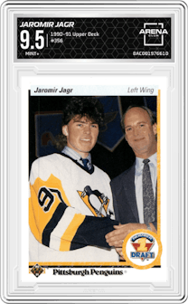 Jaromir Jagr from the 1990-91 Upper Deck set graded by Arena Club and given an overall grade of 9.5.