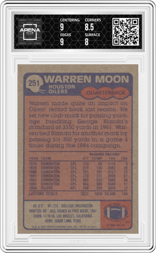 Warren Moon from the 1985 Topps set graded by Arena Club and given an overall grade of 8.5.