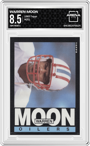 Warren Moon from the 1985 Topps set graded by Arena Club and given an overall grade of 8.5.